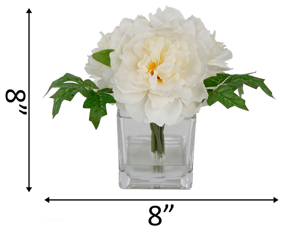 9" Tall Silk Peony Arrangement In Glass Pot,Cream White