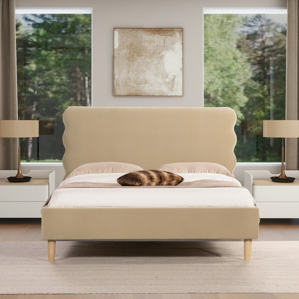 Stockholm Modern Wavy Headboard Platform Bed, Fawn Brown Performance Velvet, Queen