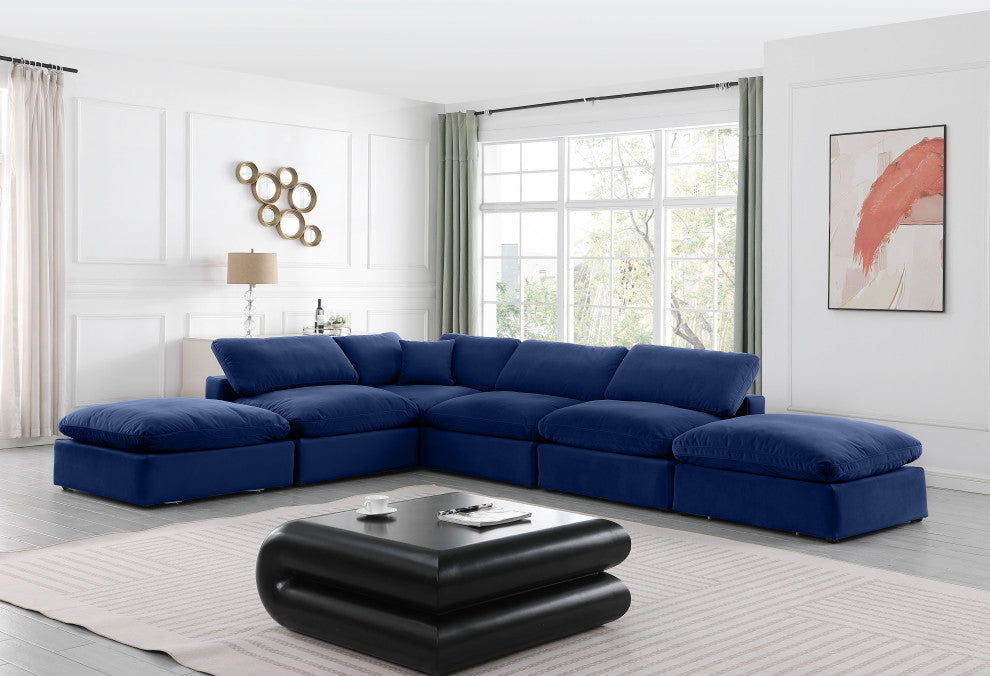 Comfy Upholstered L-Shaped Modular Sectional, Navy, 6-Piece: 3 Armless Chair, 1 Corner Chair, 2 Ottoman, Velvet