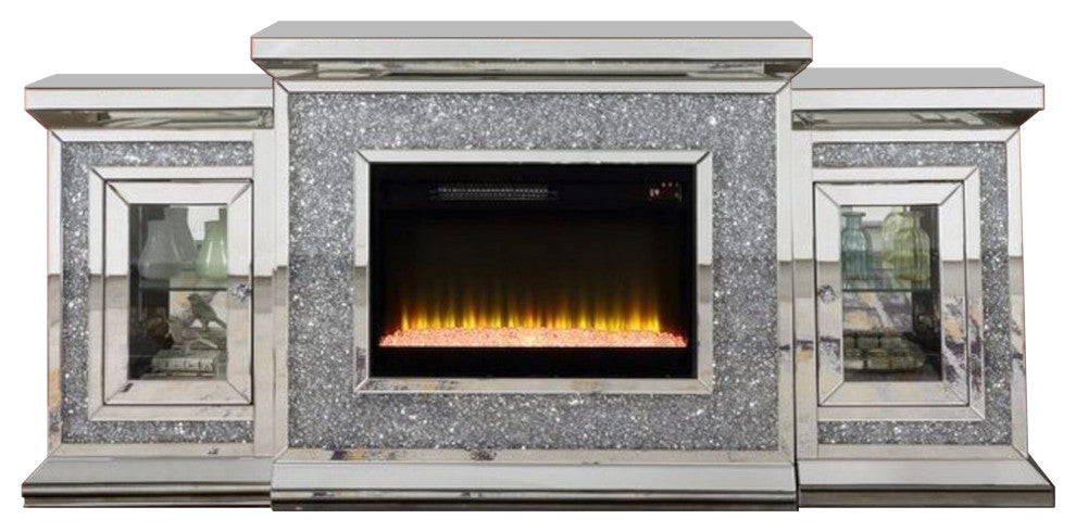 Benzara BM269596 Fireplace/2 Storage Doors and Beveled Mirror Framing, Silver
