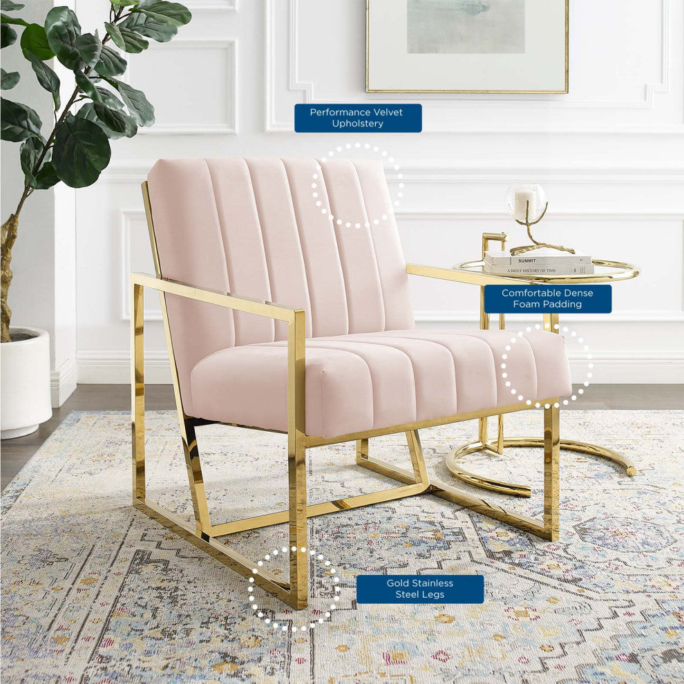 Tufted Armchair Accent Chair, Velvet, Pink, Modern, Living Lounge Hospitality