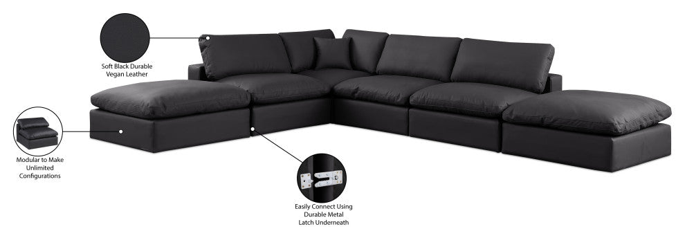 Comfy Upholstered L-Shaped Modular Sectional, Black, 6-Piece: 3 Armless Chair, 1 Corner Chair, 2 Ottoman, Vegan Leather