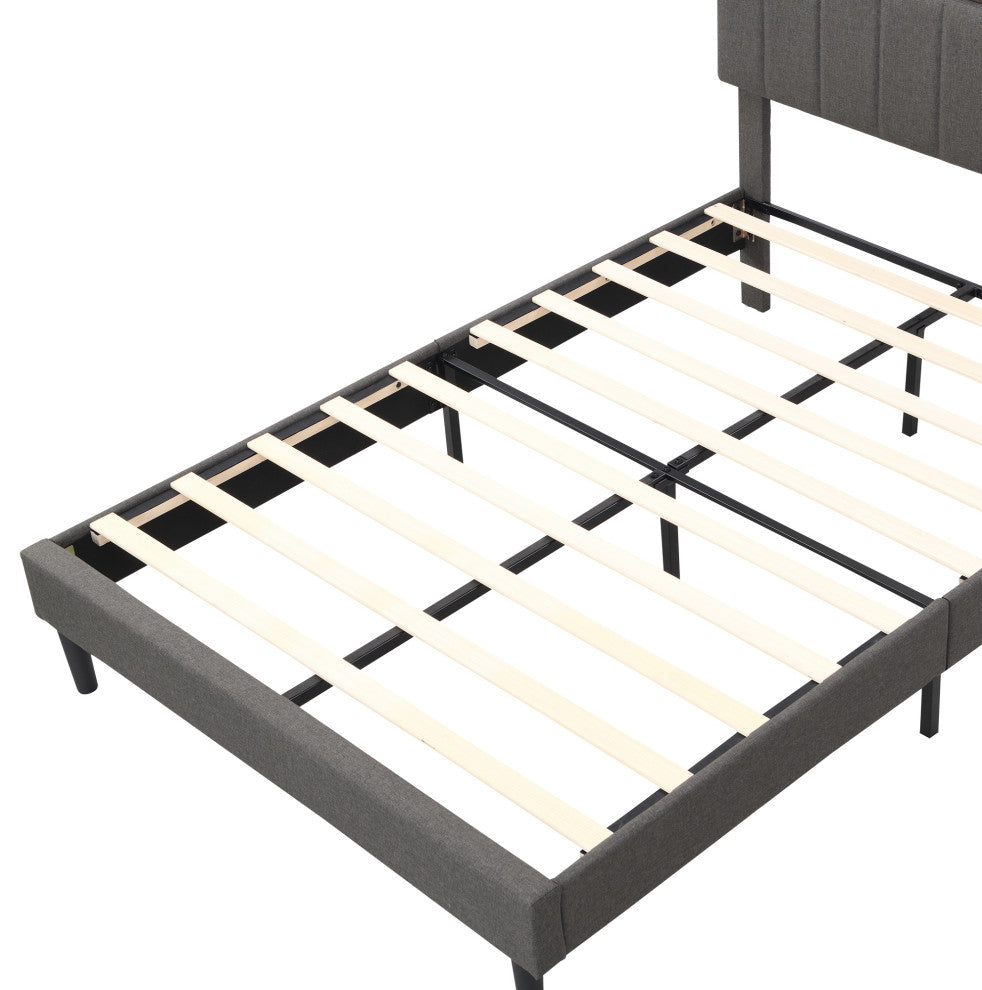 TATEUS Upholstered Platform Bed With Storage Headboard and USB Port, Gray, Full
