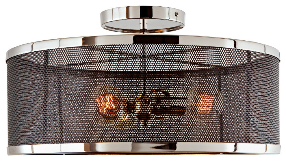 Wellington 3 Light Mesh Semi Flush Mount, Polished Nickel and Black