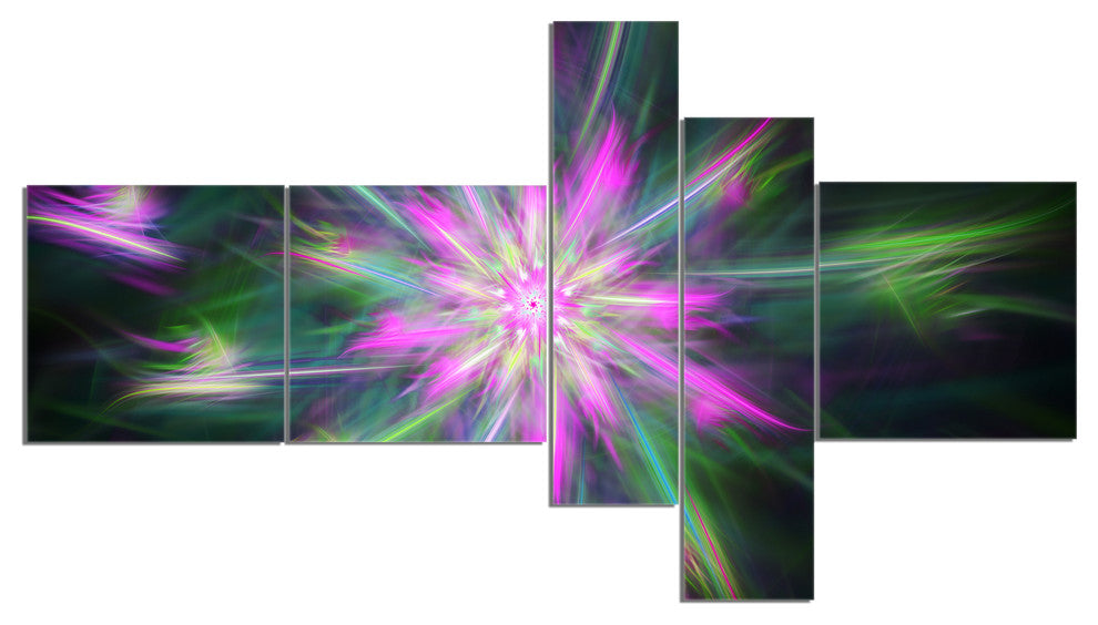 Green Fractal Shining Bright Star, Abstract Canvas Art Print, 60"x32", 5 panels