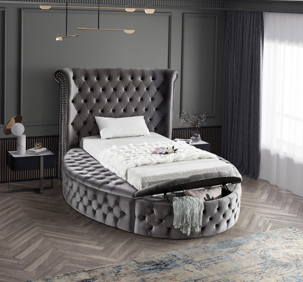 Luxus Button Tufted Velvet Round Bed, Gray, Twin