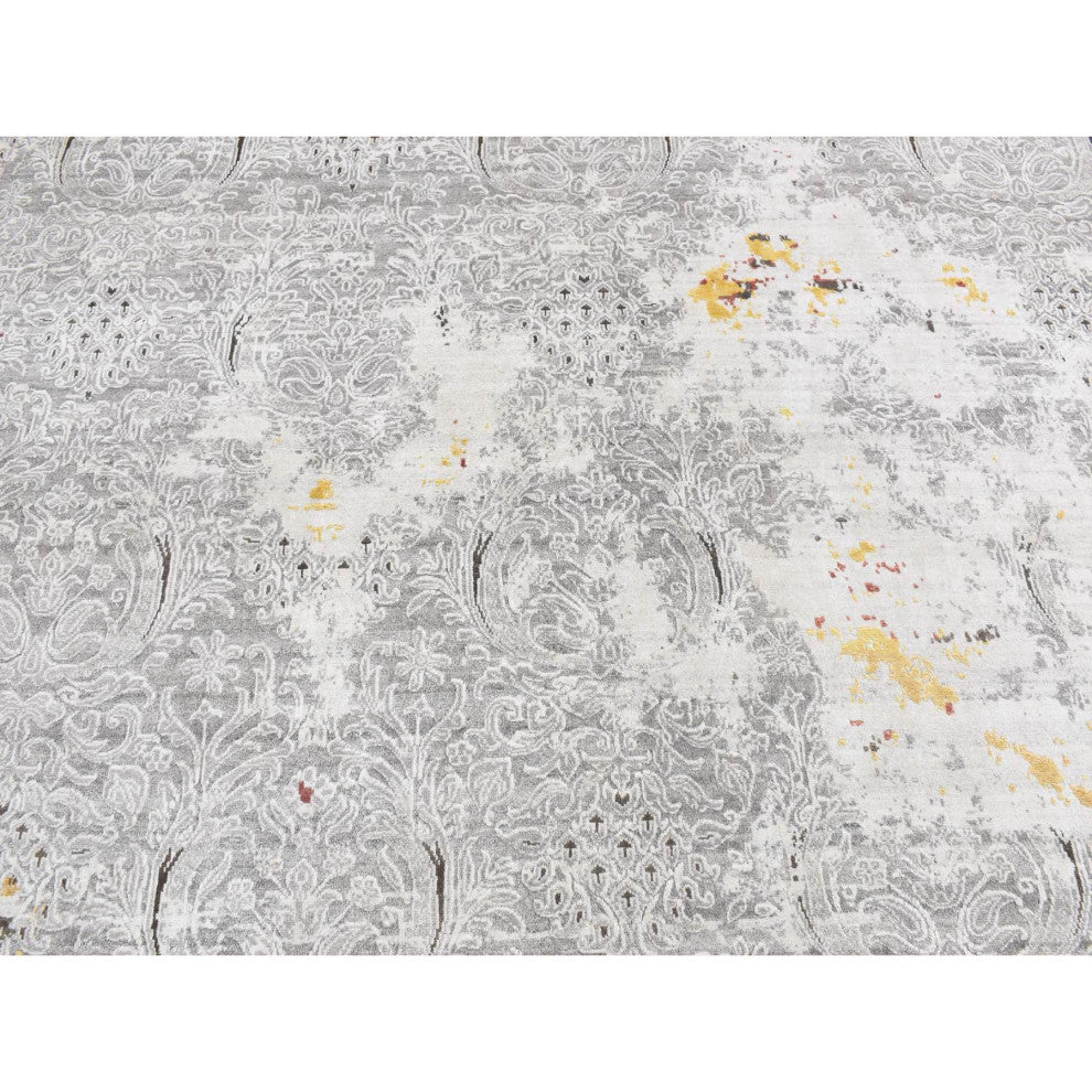 Gray, Hand Knotted, Modern Broken Design Wool and Silk Rug, 8'9"x11'10"