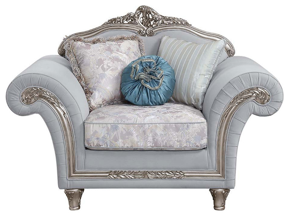 Chair With 3 Pillows, Light Gray Linen & Platinum Finish, Pelumi