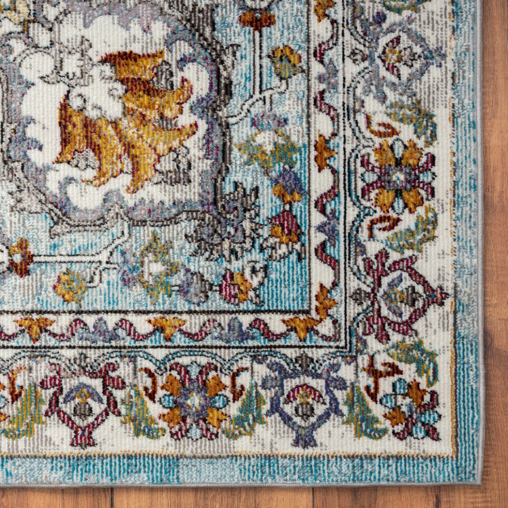 8" x 10" Blue and Ivory Center Medallion Area Rug