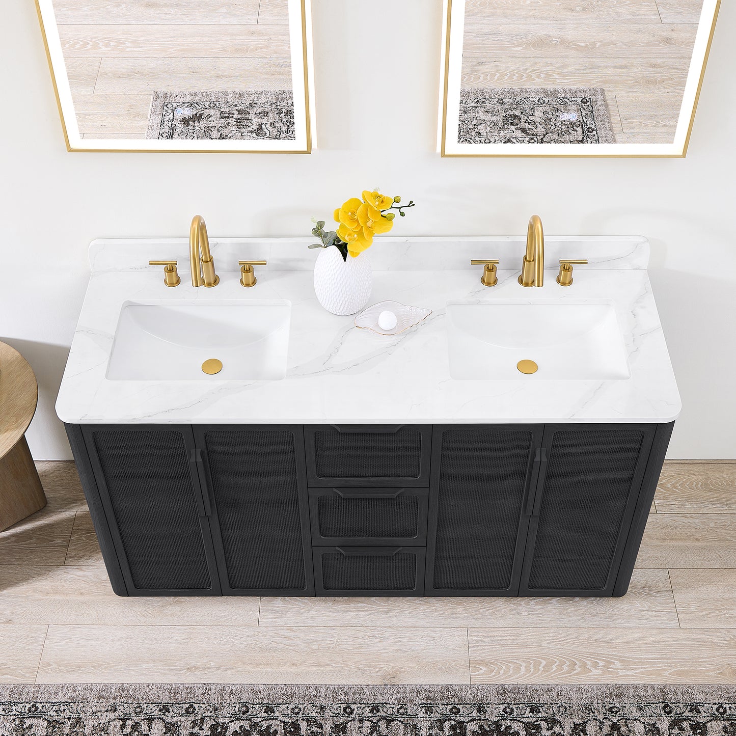 Busan Bath Vanity, Quartz Top No Mirror, Oak Classic Black, 60", Double Vanity