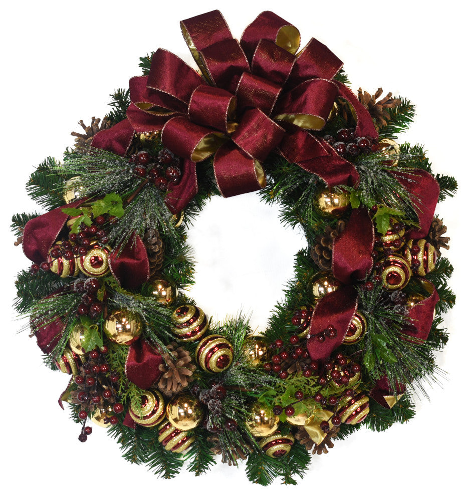 26" Evergreen Wreath with Berries, Pinecones, Ornaments and a Bow, Burgundy and Gold Swirl
