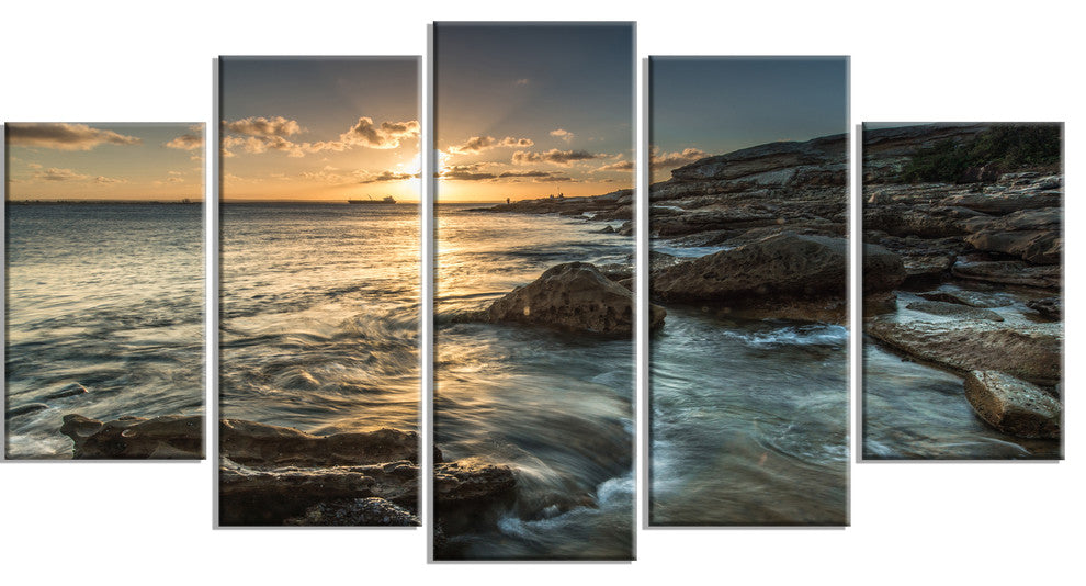 "Sydney Beach With Bright Sunset" Wall Artwork, 5 Panels