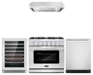 4-Piece, 36" Gas Range, Range Hood, 24" Dishwasher and Refrigerator