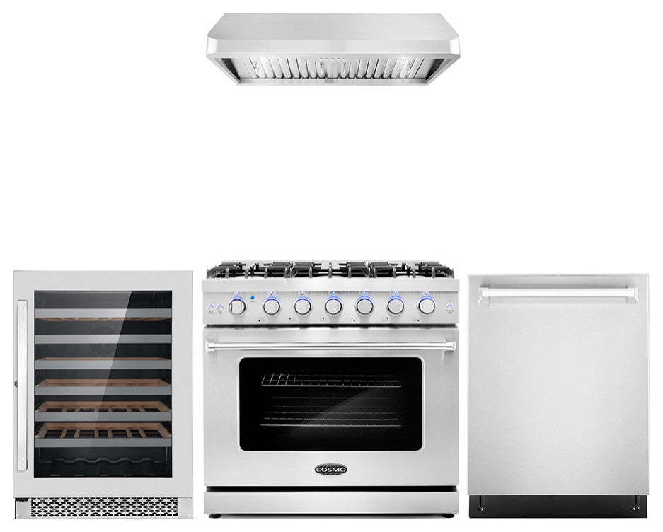 4-Piece, 36" Gas Range, Range Hood, 24" Dishwasher and Refrigerator
