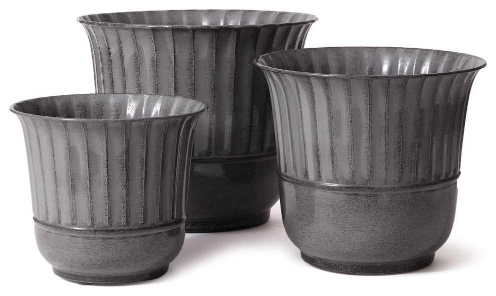 Classic Set of 3 Ribbed Metal Planters Gray 14 in Elegant Outdoor Safe