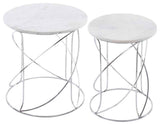 Nested White Marble Tables With Modern Spiral Base, 2-Piece Set