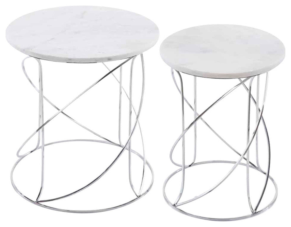 Nested White Marble Tables With Modern Spiral Base, 2-Piece Set