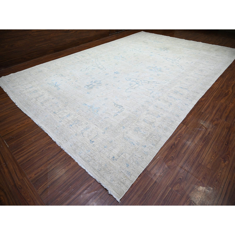 Ash Gray, Stone Washed Peshawar Wool Hand Knotted Oriental Rug, 11'6"x17'4"