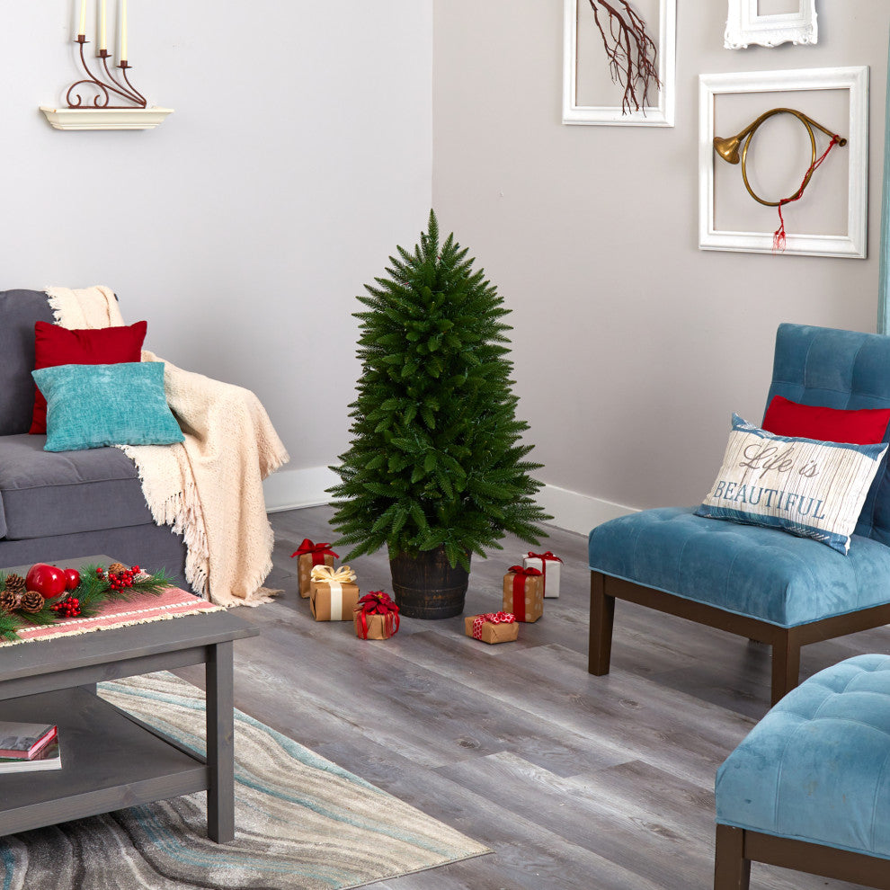 5' Sierra Fir Faux Xmas Tree W/Multicolor Lights & Bendable Branches, Container