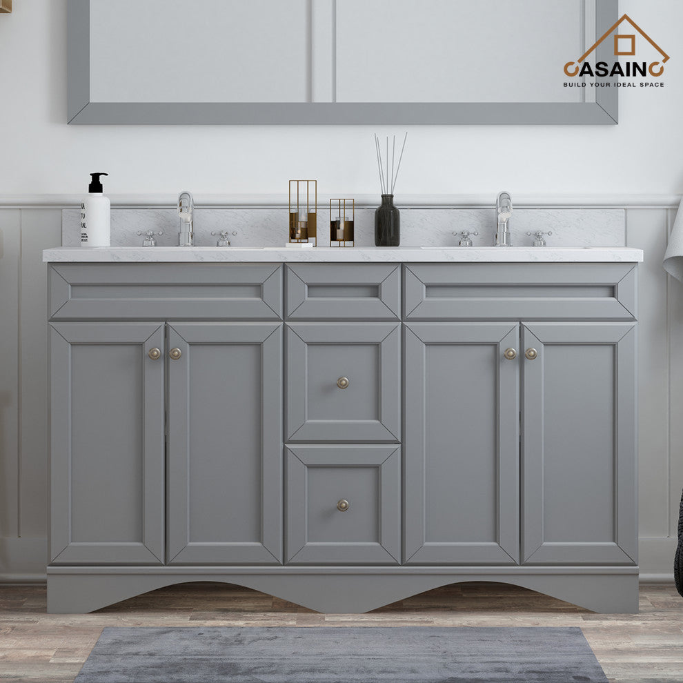 CASAINC 60" Marble Top Double Sink Bathroom Vanity with Mirror, Gray