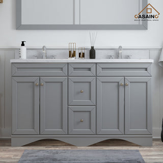 CASAINC 60" Marble Top Double Sink Bathroom Vanity with Mirror, Gray