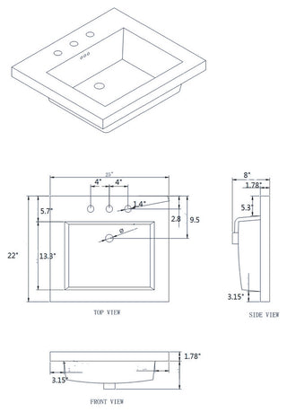 Eclipse  25"x22" Ceramic Vanity Top, White With Single-Hole Drilling
