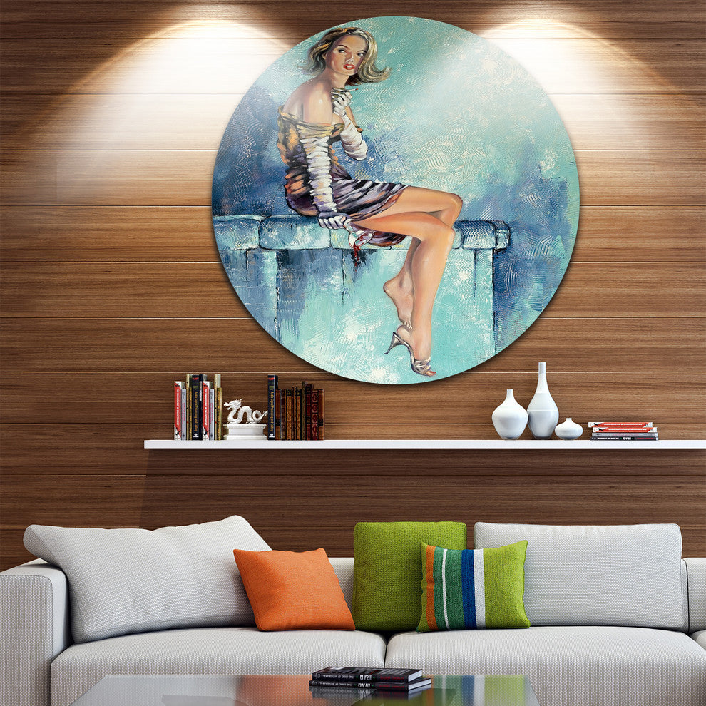Girl With Glass, Portrait Round Metal Wall Art, 23"