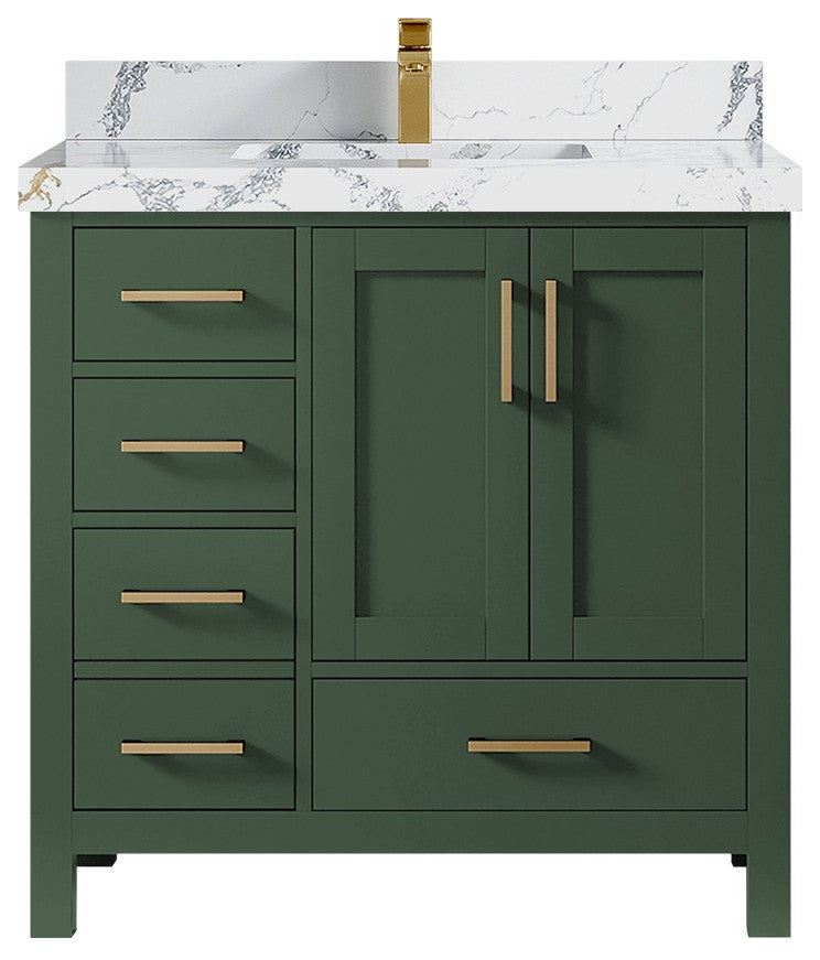 Malibu 36 Center Sink Bath Vanity in Lafayette Green 2" Calacatta Poanazzo