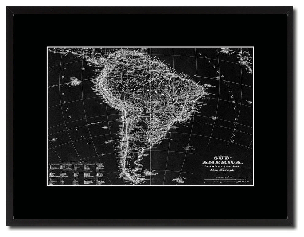 South America Old Monochrome Map Print On Canvas With Black Frame, 16" X 21"