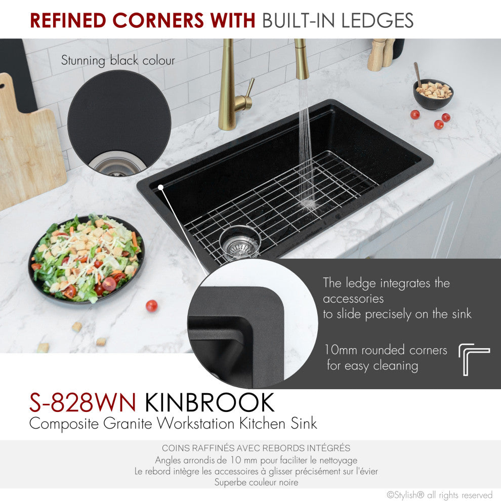 Stylish 28" Dual Mount Single Bowl Black Granite Kitchen Sink