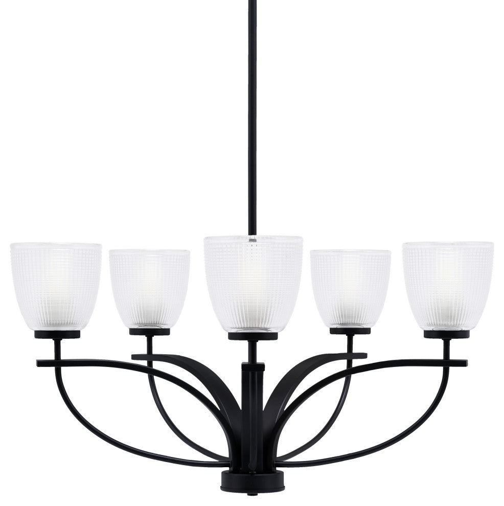 Cavella 5 Light Chandelier In Matte Black Finish, 5" Clear Ribbed Glass