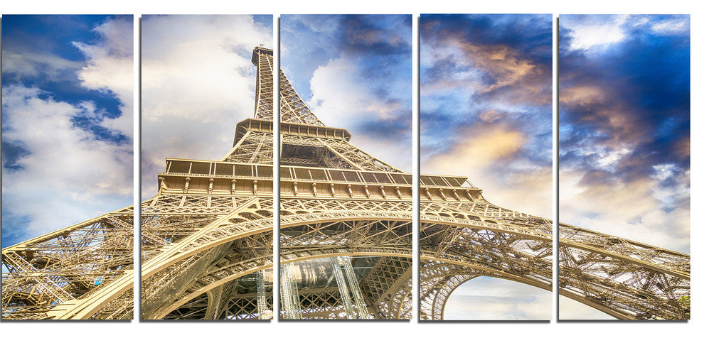 "Dramatic Sky Over Ground View Paris Eiffel Tower" Wall Art, 60"x28", 5-Panels
