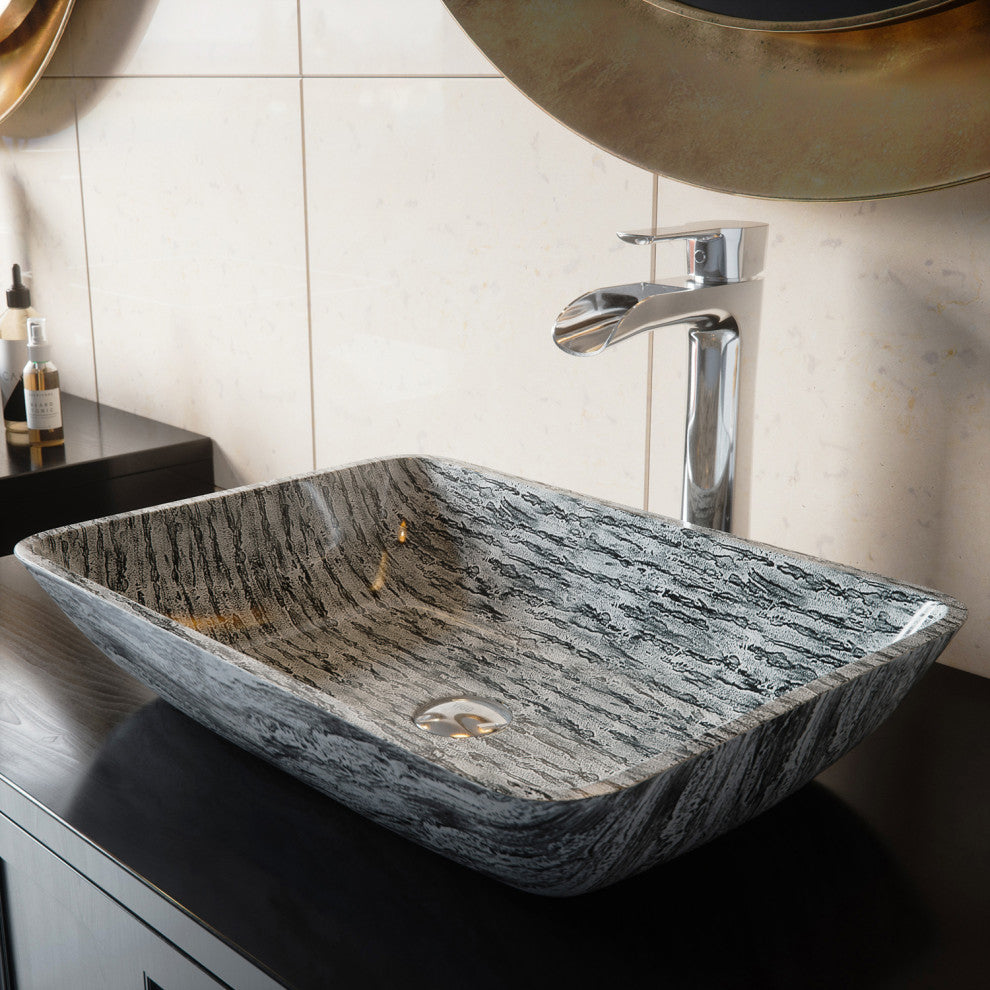VIGO Donatello 18"L x 13"W x 4"H Glass Rectangular Vessel Bathroom Sink in Gray