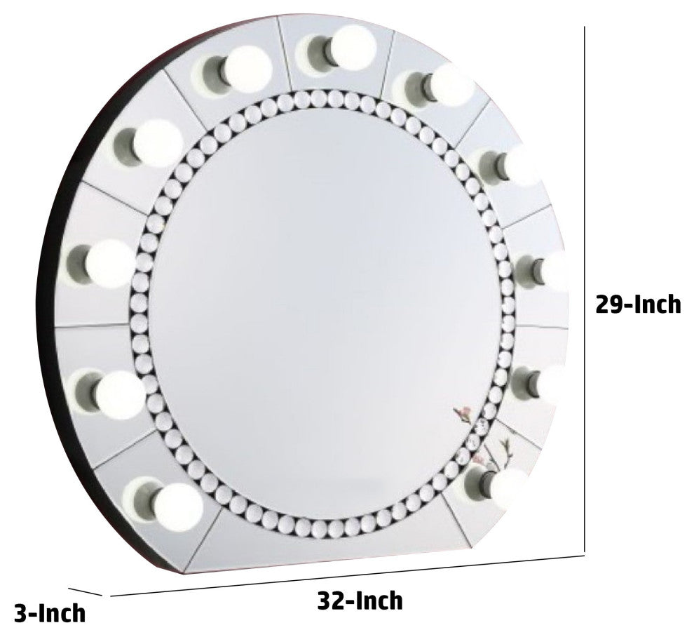 Benzara BM274652 Round Lighted Mirror, 11 Bulb Sockets, Faux Diamonds, Silver