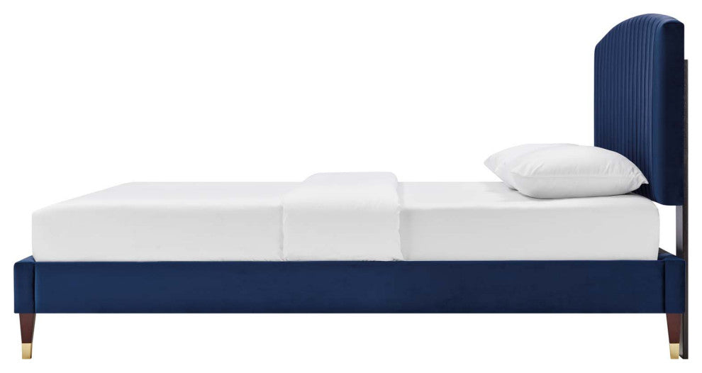 Platform Bed Frame, Queen Size, Blue Navy, Velvet, Modern, Bedroom Guest Suite