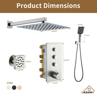 3 Functions 12 Inch Wall Mount Thermostatic Shower System, Brushed Nickel