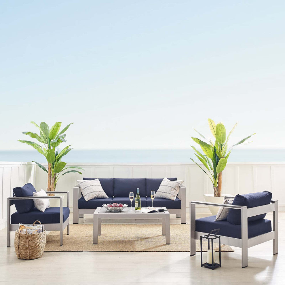 Sectional Sofa Chair Table Set, Sunbrella, Aluminum, Silver Blue Navy, Outdoor