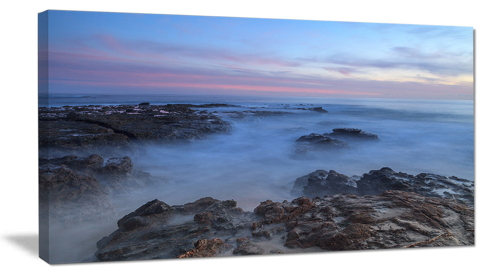 "Long Exposure At Sunset Over Rocks" Modern Beach Wall Art, 32"x16"