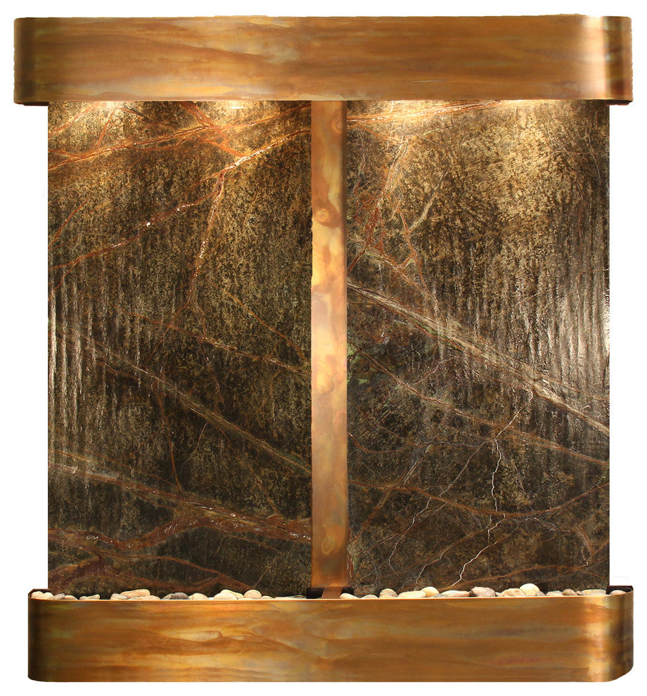 Aspen Falls Water Fountain, Green Marble, Rustic Copper, Round