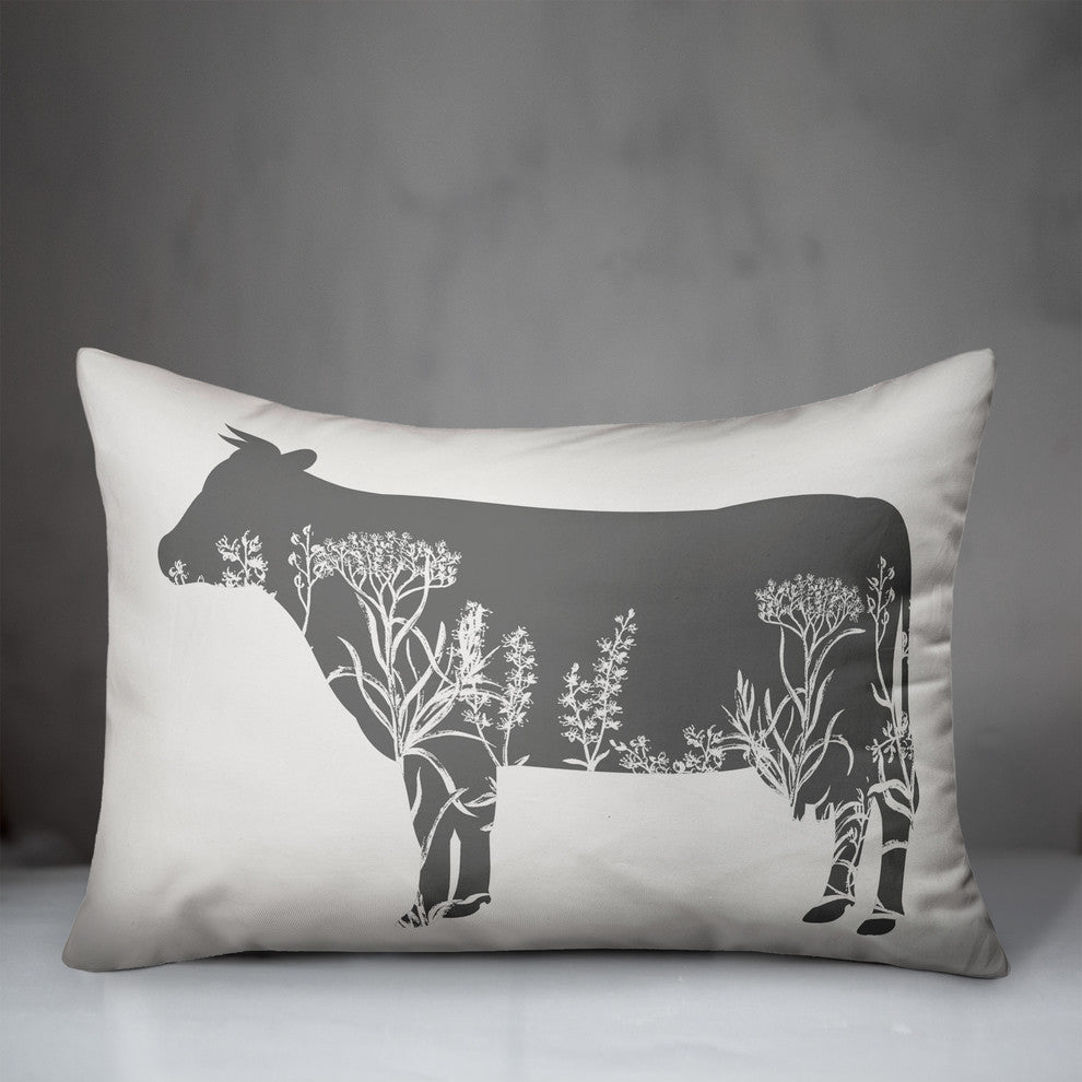 Floral Gray Cow 14x20 Lumbar Pillow