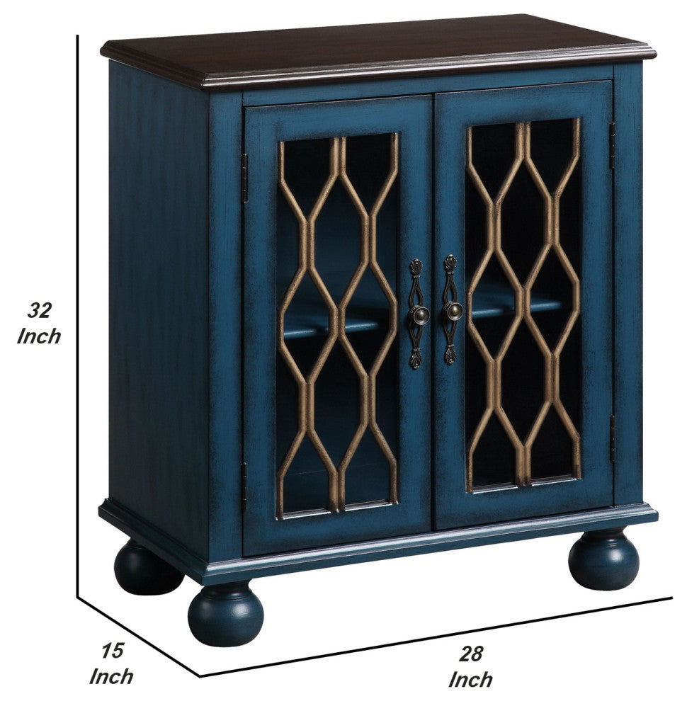 Benzara BM251333 Console Table With Trellis Pattern Door/1 Shelf, Antique Blue