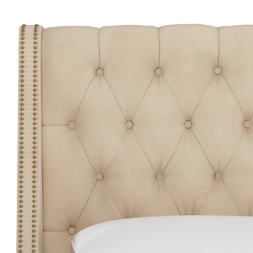 Williams Full Nail Button Diamond Wingback Platform Bed, Velvet Pearl