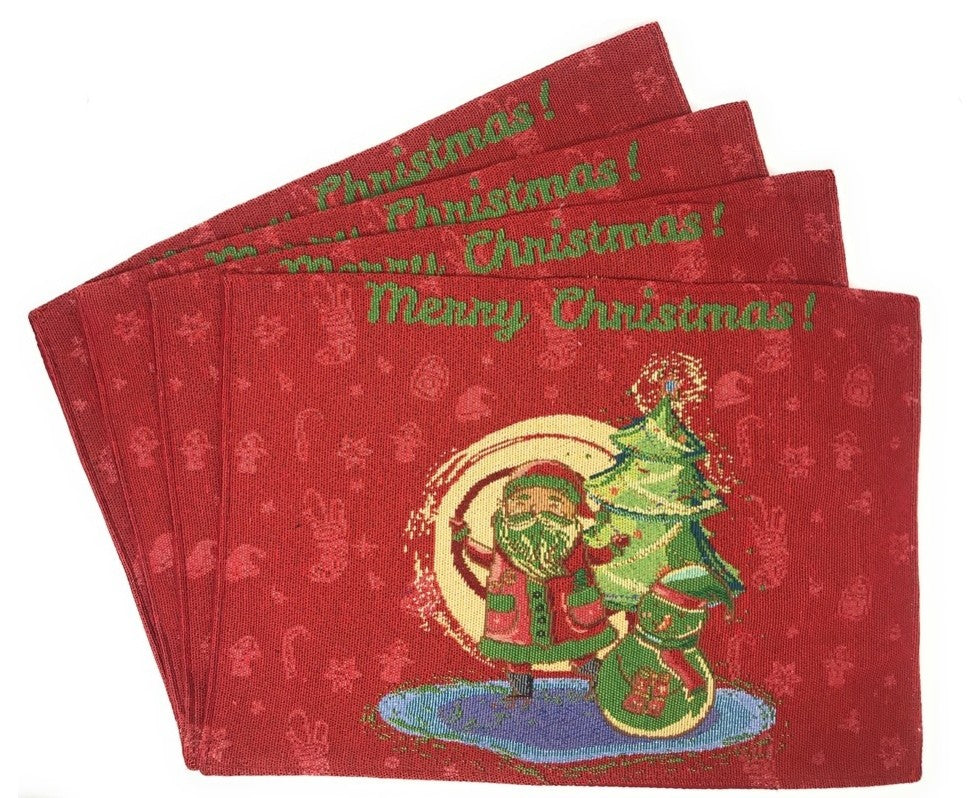 Set of 4 Christmas Santa Clause Red Tapestry Woven Placemats 13 x 19