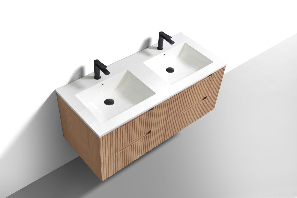 Fiore Wall Mount Modern Bathroom Vanity, Oakwood, 48", Double Sink