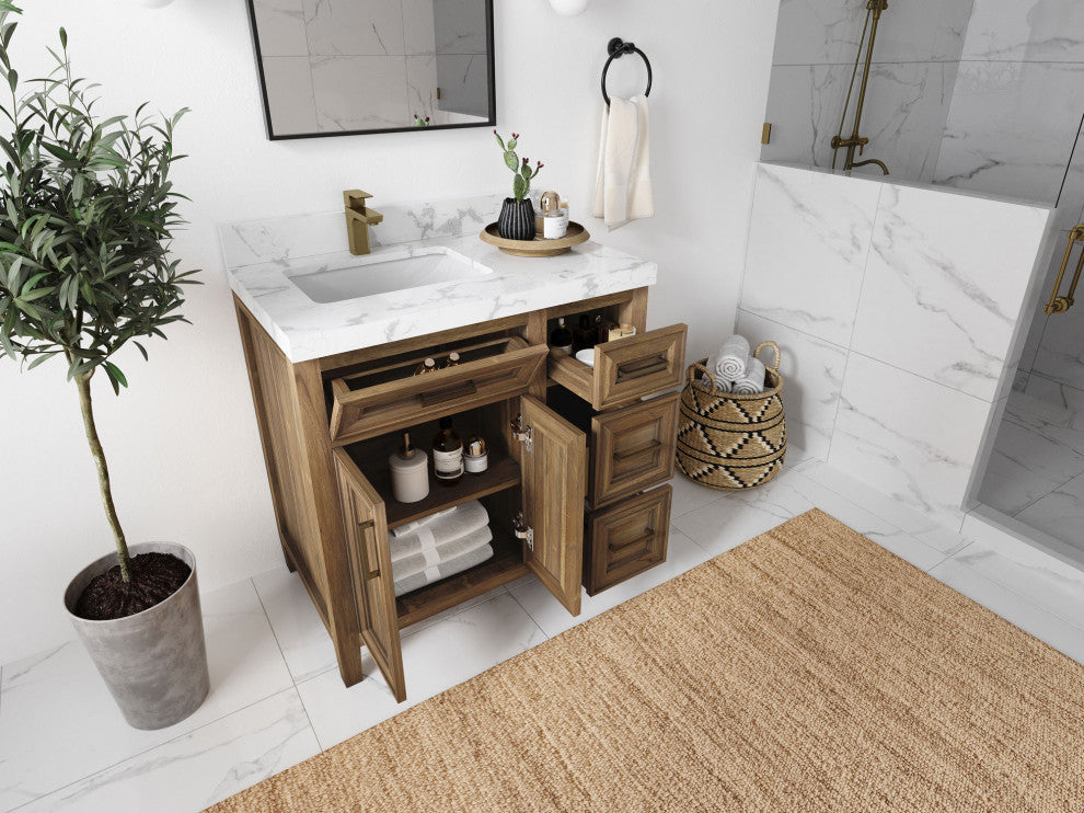 Santa Monica 36 Left Offset  Bath Vanity in Graywashed Teak 2" White Quartz