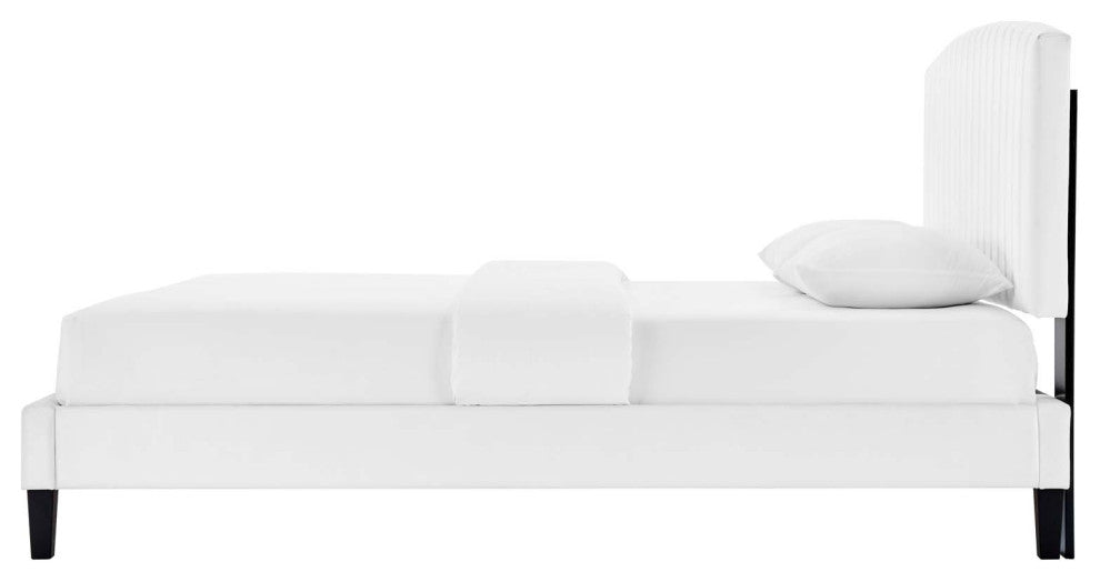 Platform Bed Frame, King Size, White, Velvet, Modern, Bedroom Guest Suite