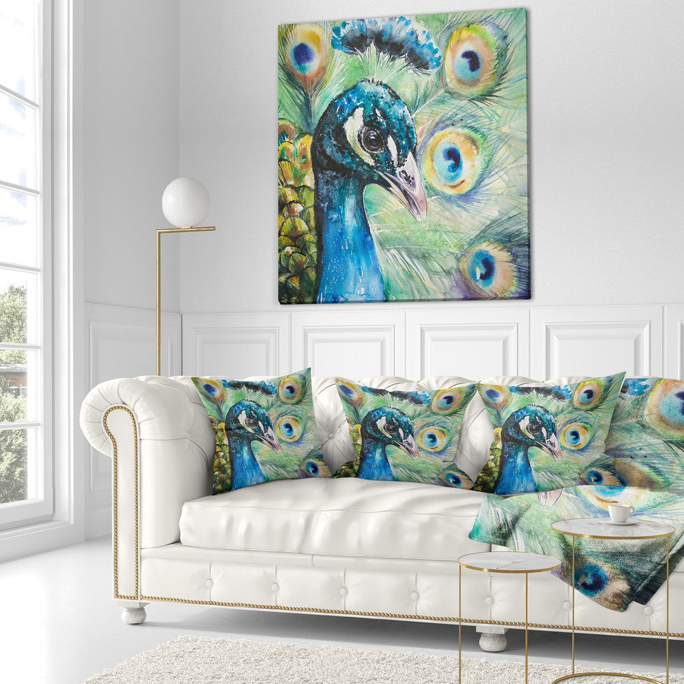 Larger Peacock Watercolor Abstract Throw Pillow, 16"x16"