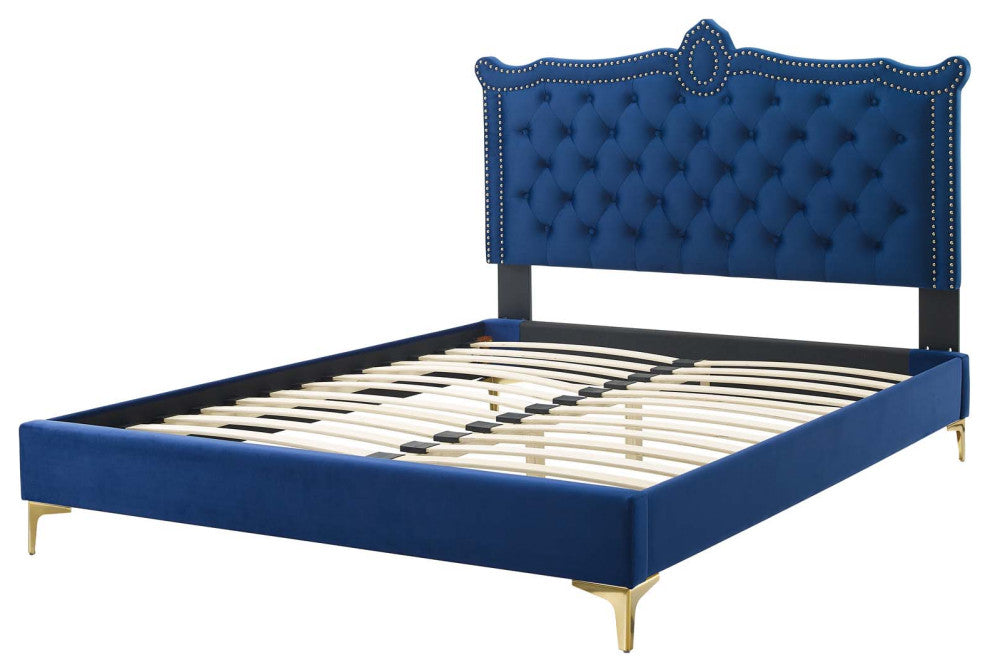 Platform Bed Frame, Nailhead, Queen Size, Blue Navy, Velvet, Modern