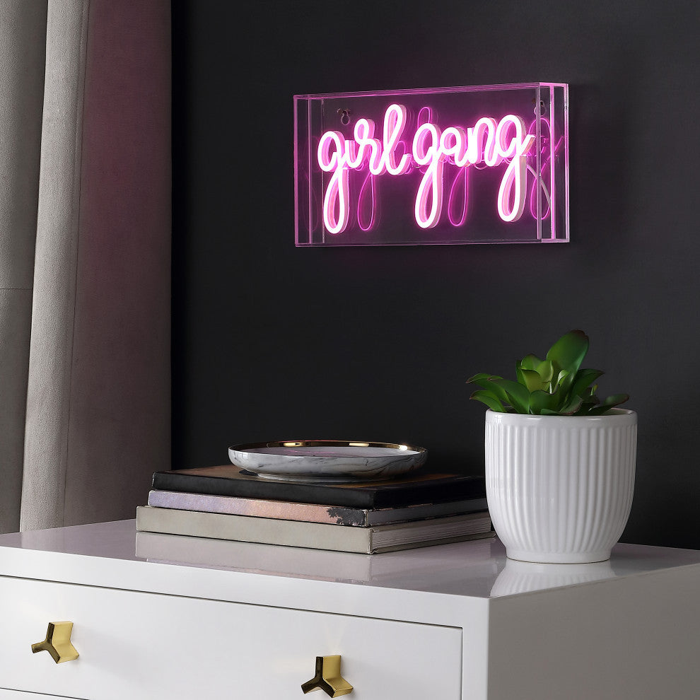 Girl Gang 11.88" Contemporary Glam Acrylic Box USB Operated LED Neon Light, Pink