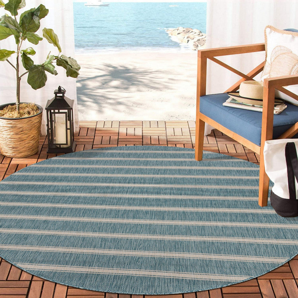 8" Round Teal Striped Indoor Outdoor Area Rug